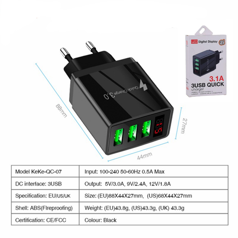 BATOK CHARGER 3 USB 5V 3.1A LCD  KEKE QC 07